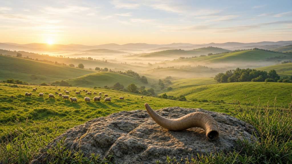 Ram's horn on a rock above a misty valley of grazing sheep at sunrise