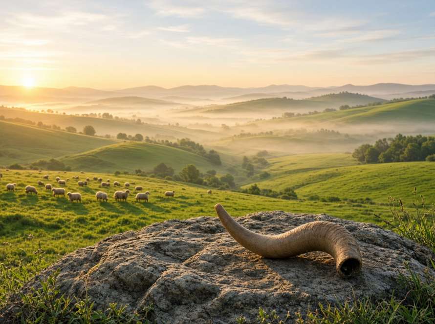 Ram's horn on a rock above a misty valley of grazing sheep at sunrise