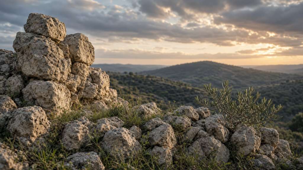 Ancient broken stone wall on a hillside at dawn