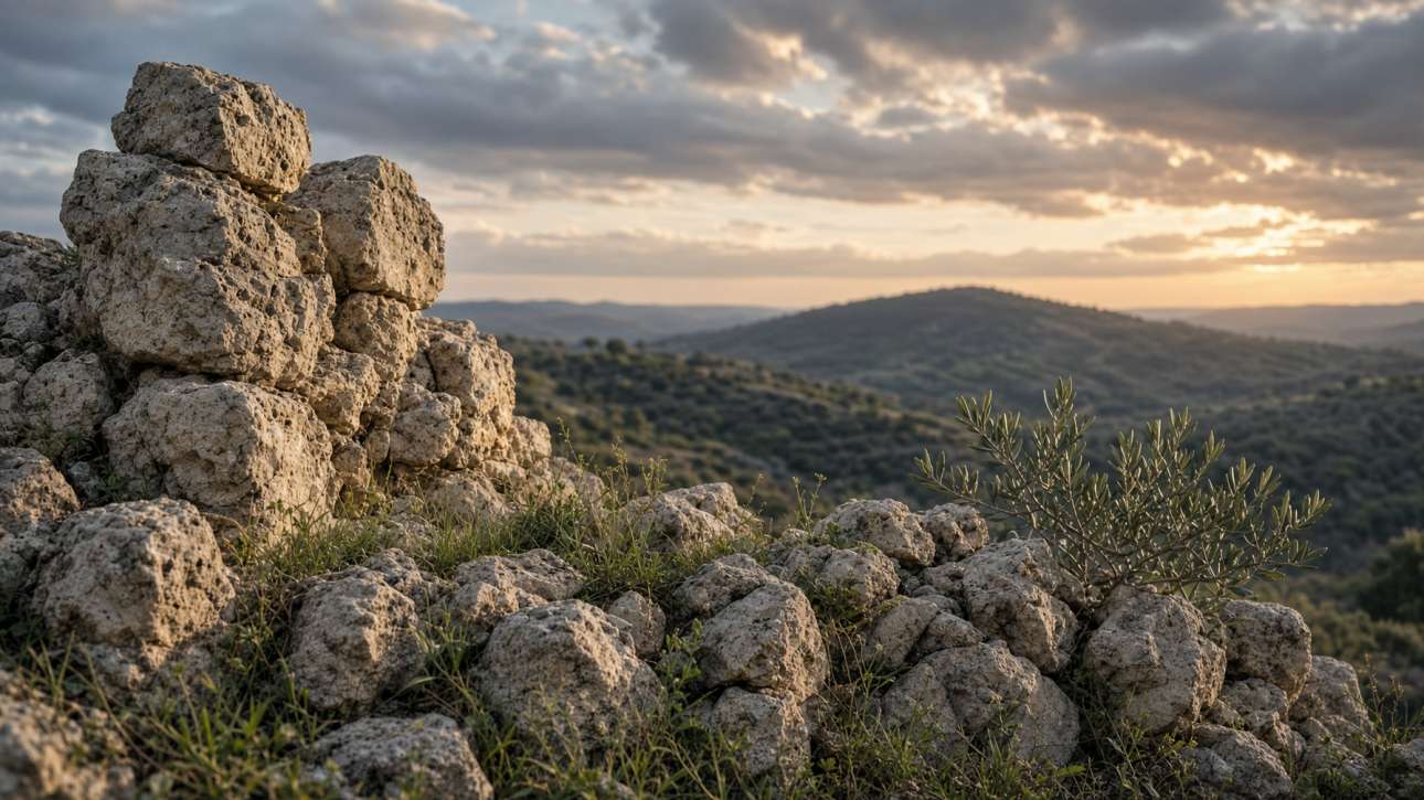 Ancient broken stone wall on a hillside at dawn