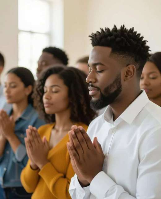 Group of diverse people praying with eyes closed in a peaceful setting.